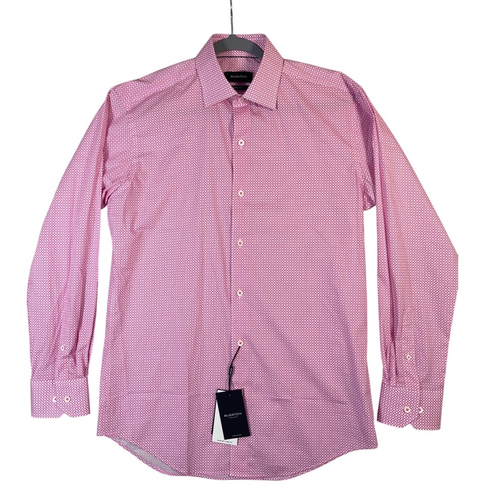 Bugatchi Men's Sz 15 Pink Geometric Print Comfort Stretch Dress Shirt‎ Office